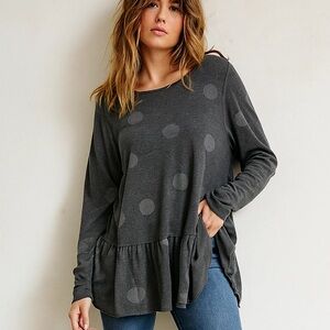 LILITH France Gray Polka Dot Ruffled Peplum Alberta Top Size Small 38